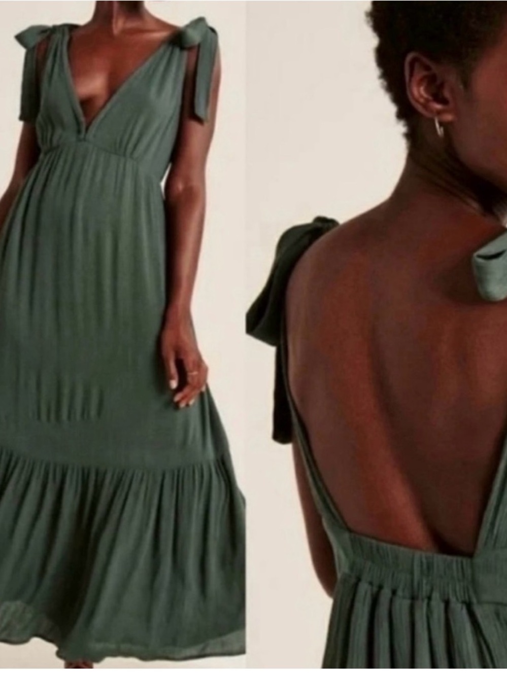 Abercrombie & Fitch Olive Tie-Shoulder V-Neck Maxi Dress